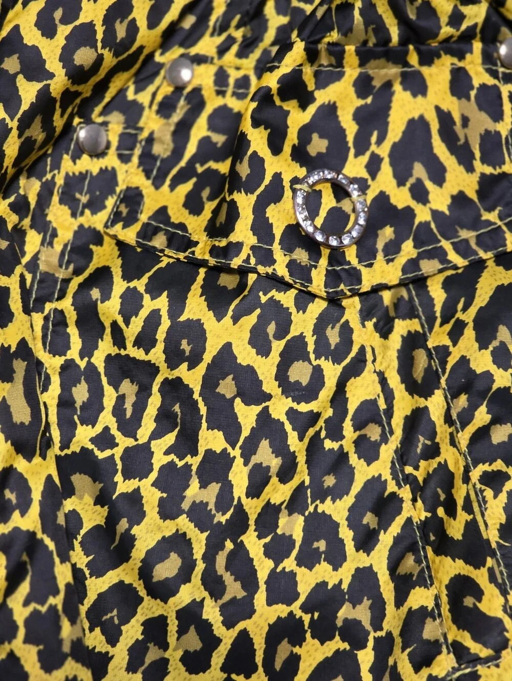 Yellow Leopard Print Drawstring Waist & Neck Windbreaker Rhinestone Detail OS